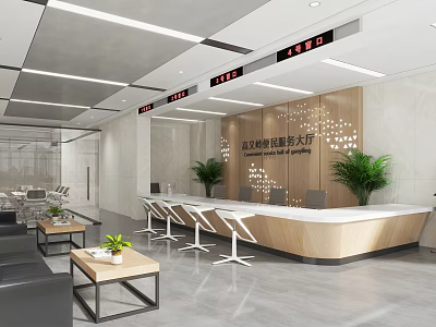 Modern Government Affairs Service Hall Interior Design With Reception Desk Potted Plants And Waiting Area Chairs 3d model