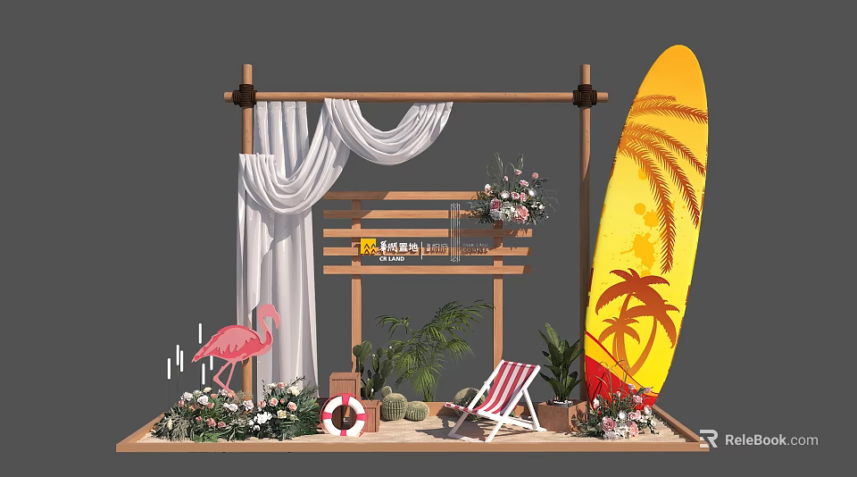Beach Themed Decor Setup With Wooden Structure White Curtains Flamingo Surfboard And Striped Chair 3d model 