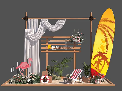 Beach Themed Decor Setup With Wooden Structure White Curtains Flamingo Surfboard And Striped Chair 3d model