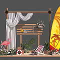 Beach Themed Decor Setup With Wooden Structure White Curtains Flamingo Surfboard And Striped Chair