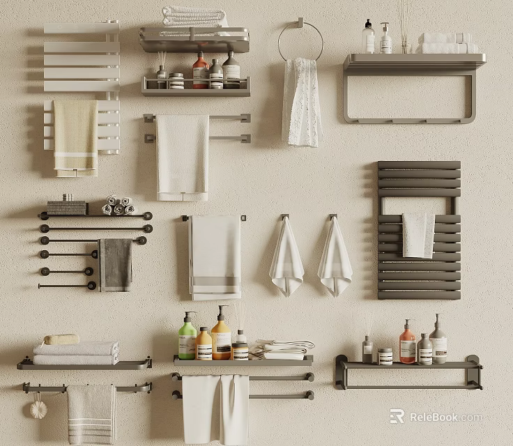 Bathroom Towel Display on Various Racks and Shelves with Toiletries 3d model 