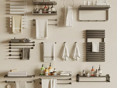 Bathroom Towel Display on Various Racks and Shelves with Toiletries 3d model
