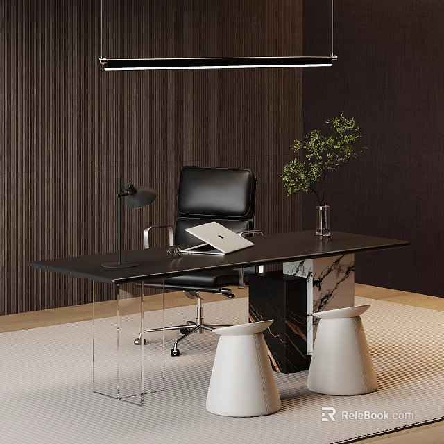 Modern Black Office Desk With Leather Chair Green Plant Desk Lamp And White Stools 3d model 