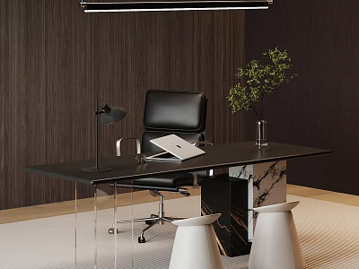 Modern Black Office Desk With Leather Chair Green Plant Desk Lamp And White Stools 3d model