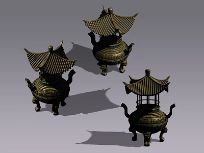 Three Ancient Style Bronze Stoves With Pagoda Shaped Lids And Ornate Patterns 3d model