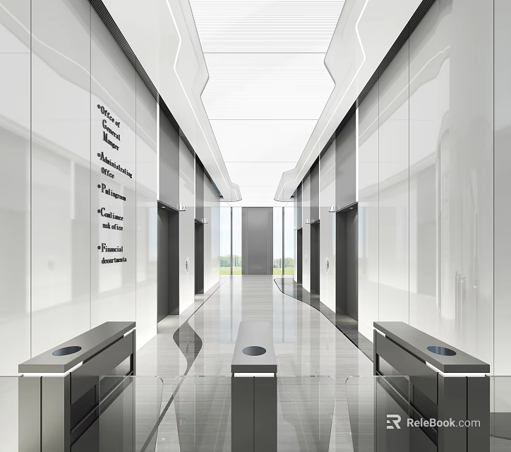 Modern Spacious Elevator Hallway With Glass Walls Polished Floors And Sleek Elevator Doors 3d model 