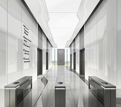 Modern Spacious Elevator Hallway With Glass Walls Polished Floors And Sleek Elevator Doors 3d model