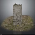 Ancient Stone Tower On Grass Covered Hillside With Figure Standing Top And Weathered Walls