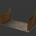 Wooden furniture with posts and finials on both ends featuring a rustic platform base