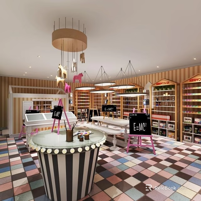 Vibrant Specialty Store Interior With Colorful Checkered Floor Display Shelves And Chandeliers 3d model 