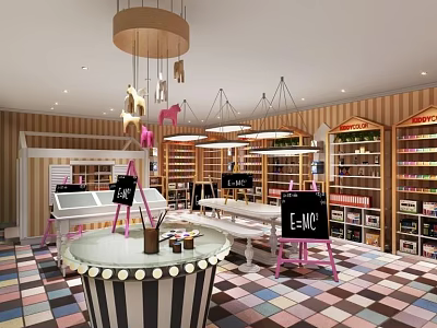 Vibrant Specialty Store Interior With Colorful Checkered Floor Display Shelves And Chandeliers 3d model