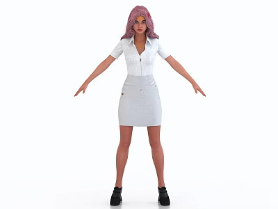 Woman with pink hair in white shirt and gray skirt standing pose with black shoes 3d model