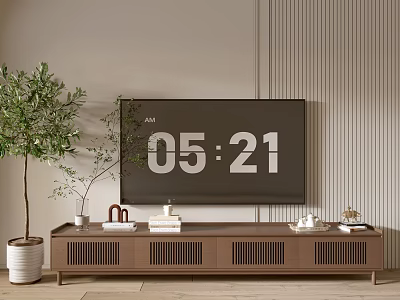Modern Wooden TV Stand With Flat Screen TV Green Plant And Decorative Items 3d model