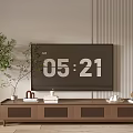 Modern Wooden TV Stand With Flat Screen TV Green Plant And Decorative Items