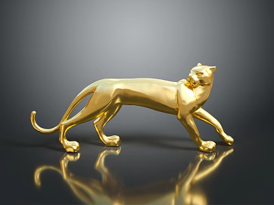 Golden Leopard Sculpture on Black Surface with Shiny Reflection and Modern Design 3d model