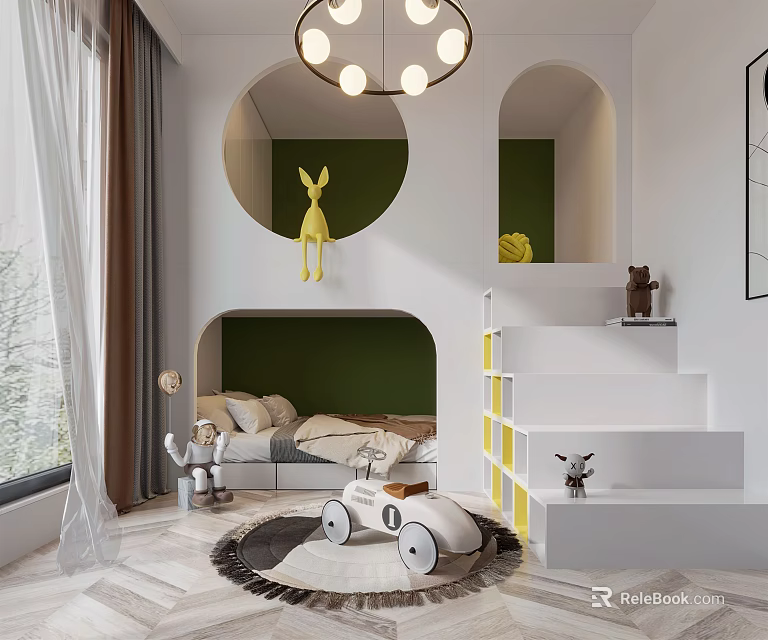 Playful Kids Room Interior Design With Arched Nooks Green Wall And Stuffed Toys 3d model 