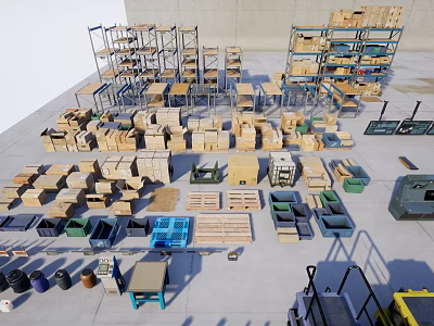 Industrial Equipment Warehouse Storage Systems With Metal Shelves Cardboard Boxes Transport Trolleys And Wooden Pallets 3d model