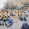Industrial Equipment Warehouse Storage Systems With Metal Shelves Cardboard Boxes Transport Trolleys And Wooden Pallets