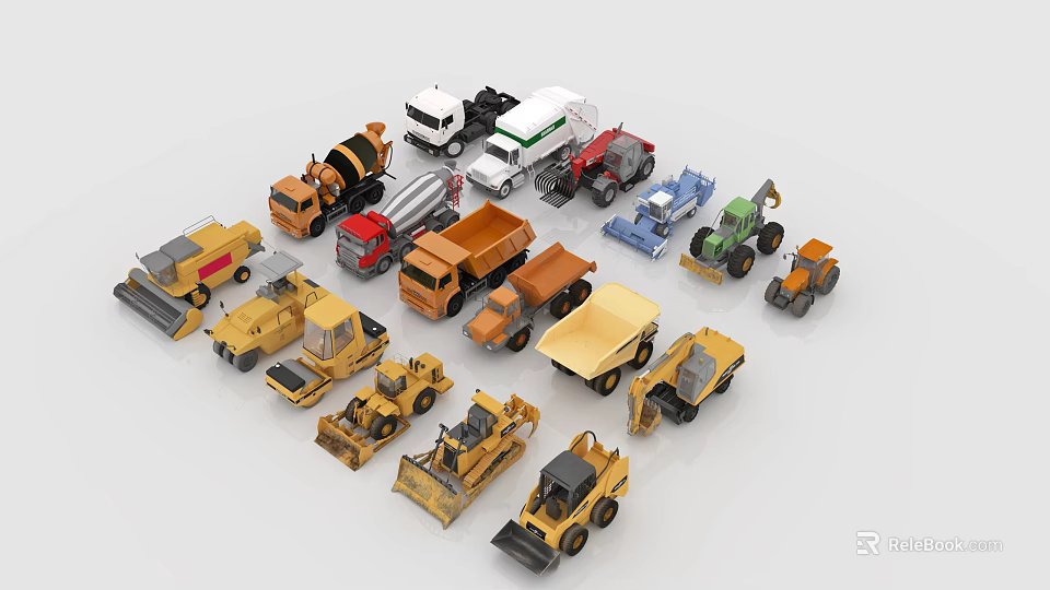 Various Types of Utility Vehicles Including Concrete Mixers Dump Trucks and Bulldozers 3d model 