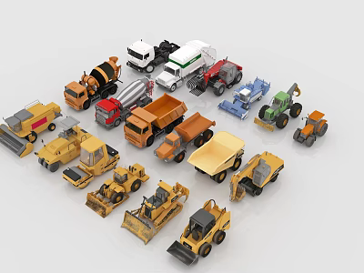 Various Types of Utility Vehicles Including Concrete Mixers Dump Trucks and Bulldozers 3d model