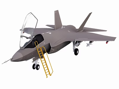 Gray Modern Fighter Jet Featuring Open Canopy Yellow Ladder And Extended Landing Gear 3d model
