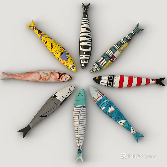 Fish Shaped Wall Decor With Various Colors Patterns In Circular Arrangement 3d model 