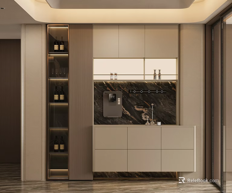 Modern Elegant Sideboard Design With Marble Countertop Glass Shelves And Wine Storage 3d model 