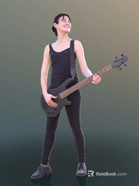 Woman In Black Tank Top And Tights Standing Against Green Background Holding Electric Bass Guitar 3d model 