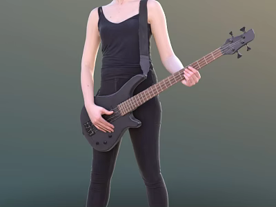 Woman In Black Tank Top And Tights Standing Against Green Background Holding Electric Bass Guitar 3d model