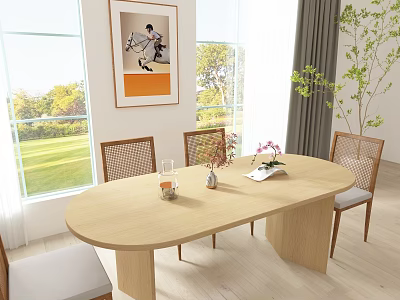 Modern Dining Room With Oval Wooden Table Chairs Large Windows Outdoor View Painting And Plant 3d model