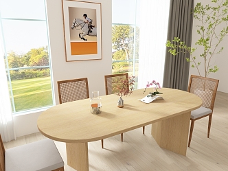 Dining table hanging picture setting table wooden table and chair wooden floor curtain chair table orchid wood grain painting 3d model