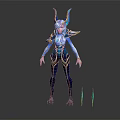Fantasy Character With Mythical Creature Horned Design Blue And Gold Armor Tight-Fitting Outfit Glowing Weapons
