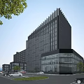 Modern High Rise Office Building With Glass Curtain Wall And Surrounding Trees