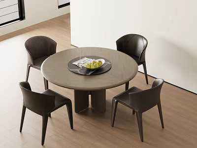 Modern Round Dining Table Set with Four Dark Chairs and Fruit Tray in Indoor Area 3d model