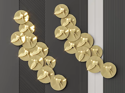 Golden Circular Wall Decor With Decorative Motifs In Irregular Arrangement On Dark Striped Wall 3d model