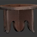 Handcrafted Red Wooden Stool With Round Top Intricate Carved Pattern And Three Legs