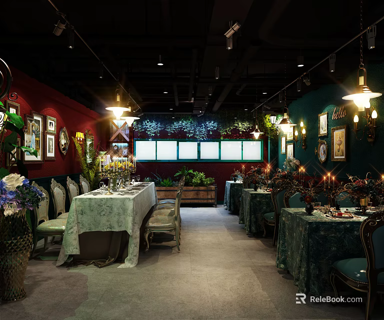 Cozy Restaurant Interior With Dining Tables Chairs Green Plants Hanging Lights And Framed Artworks 3d model 