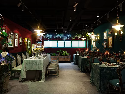 Cozy Restaurant Interior With Dining Tables Chairs Green Plants Hanging Lights And Framed Artworks 3d model