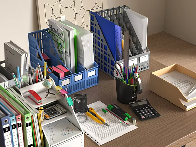 Colorful Office Folders On Desk With File Rack Pens Calculator And Notebooks 3d model