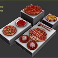 Assorted Foods Including Pizza Sushi And Paella On White Cube Display Stands With Chopsticks