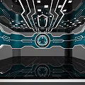 Cartoon Scene With Futuristic Glowing Lines Geometric Shapes Blue Lighting Circular Core Floor Reflections