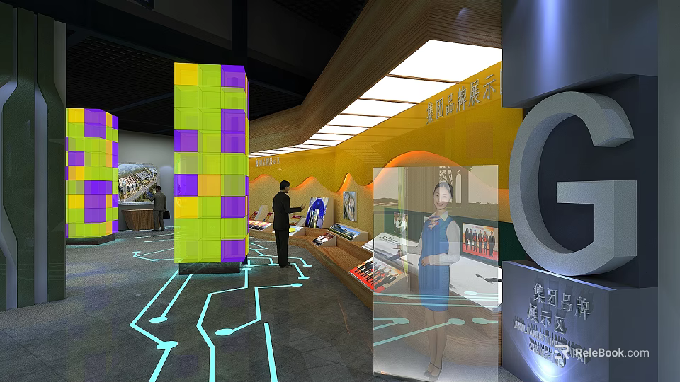Modern Technology Exhibition Area With Interactive Displays Lighting And Digital Installations 3d model