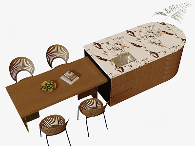 Modern Dining Table Set With Wooden Tabletop Marble Counter And Rattan Chairs 3d model