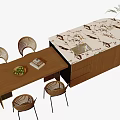 Modern Dining Table Set With Wooden Tabletop Marble Counter And Rattan Chairs