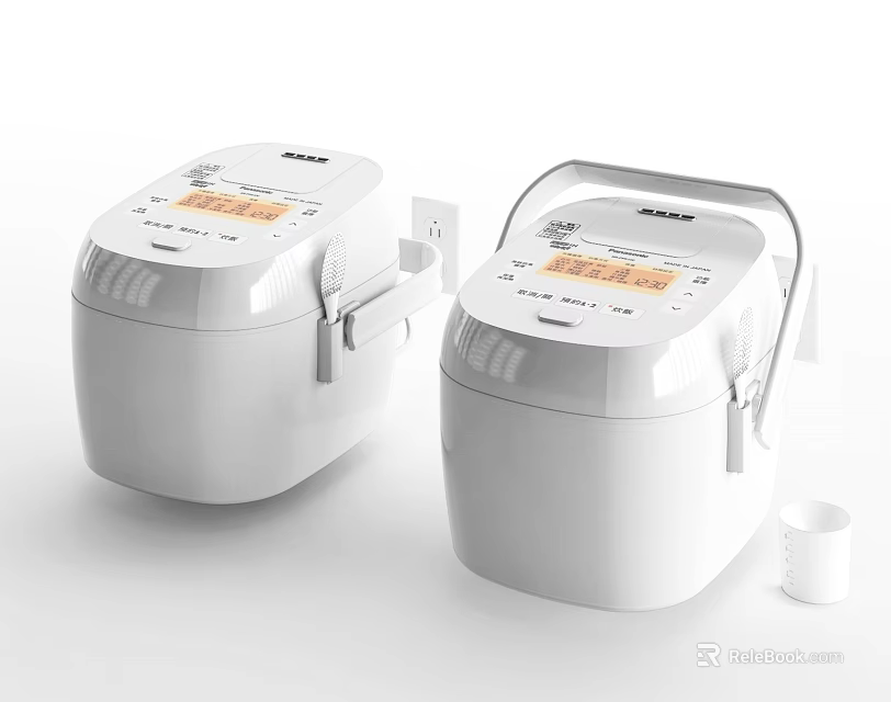 Two White Rice Cookers With Digital Display And Measuring Cup For Modern Kitchen Appliances 3d model 