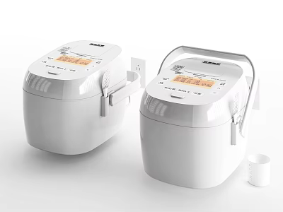 Two White Rice Cookers With Digital Display And Measuring Cup For Modern Kitchen Appliances 3d model