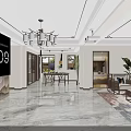 Modern Open Living Dining Room Interior With Marble Floor Chandelier Sofa Dining Table TV Wall