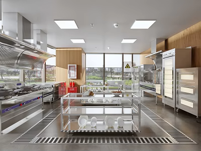 Modern Commercial Kitchen With Open Layout Stainless Steel Equipment And Worktables 3d model