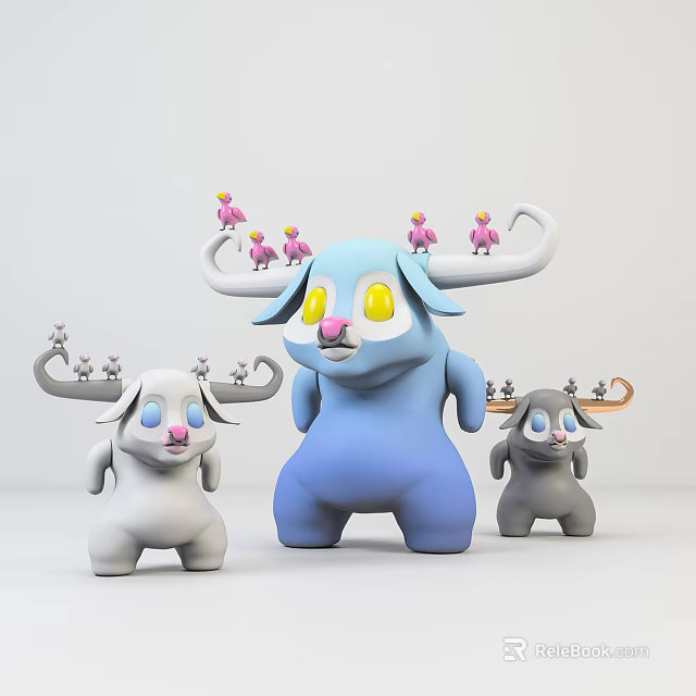 Cute Cartoon Characters With Blue Gray White Bodies And Antlers With Small Birds 3d model 