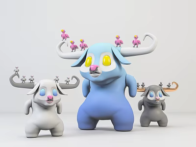 Cute Cartoon Characters With Blue Gray White Bodies And Antlers With Small Birds 3d model